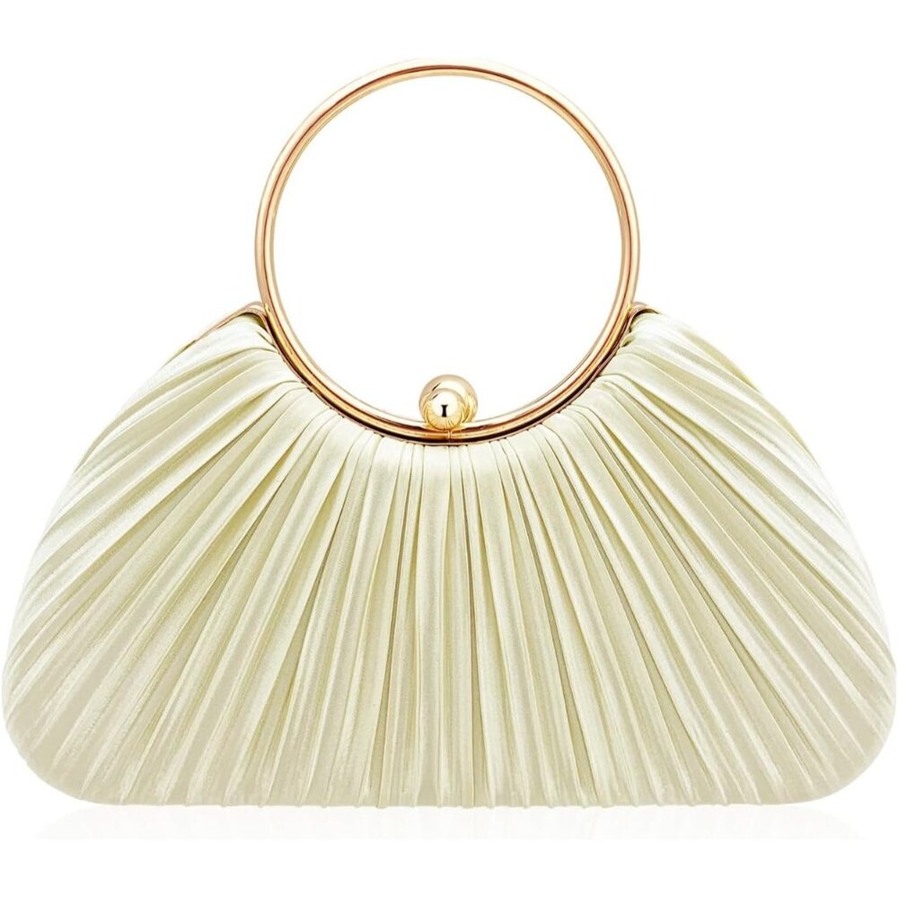Women's White Luxury Detachable Chain Clutch Pleated Evening Silk Handbag